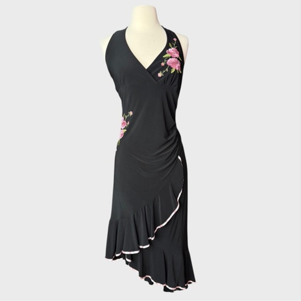 Vintage 90s Black Halter Salsa Dancing Ruffle‎ Dress Rose Embroidery Medium Lg